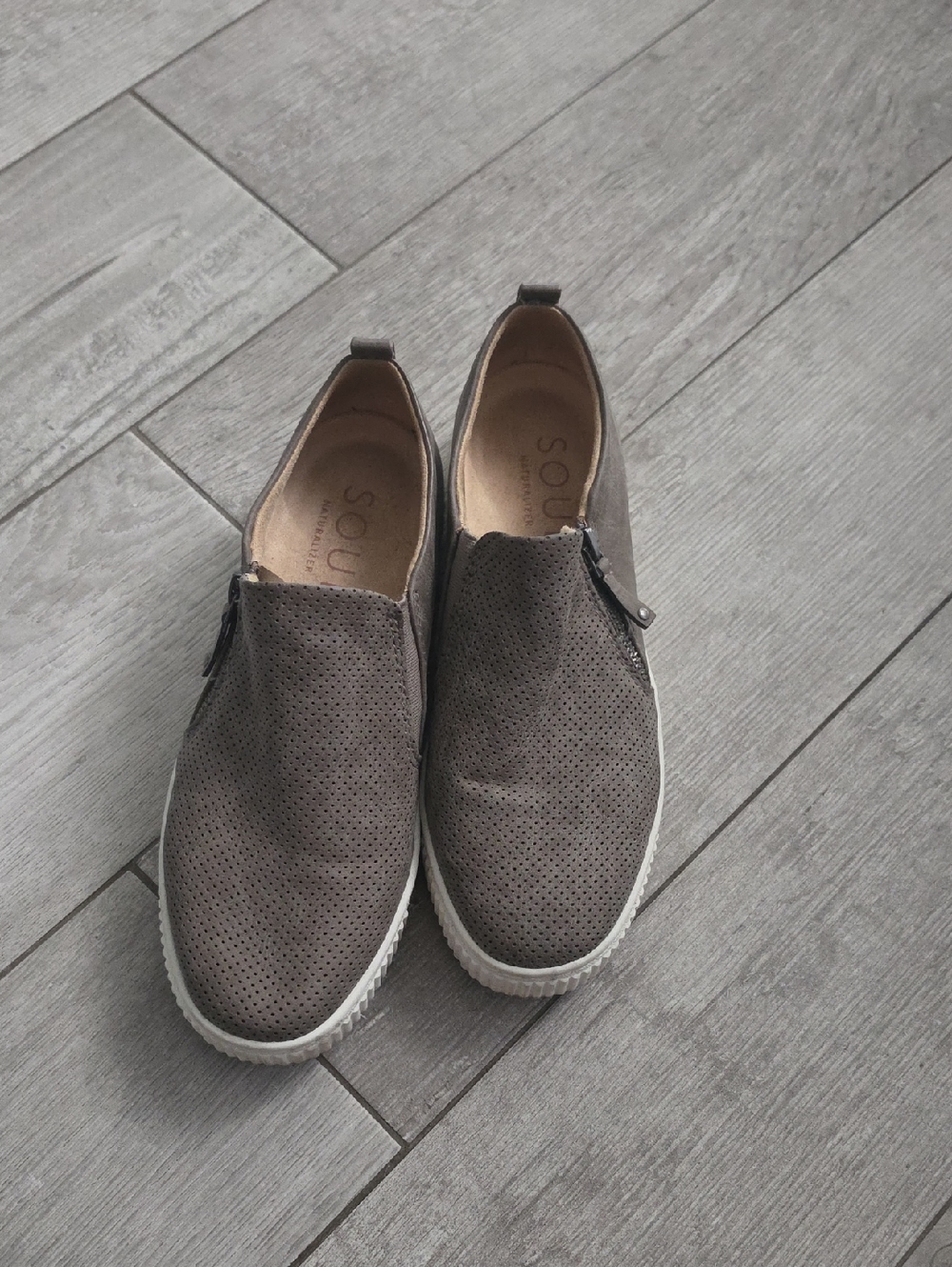 Natural Soul Women's Perforated Slip-On Loafers in Taupe Gray
